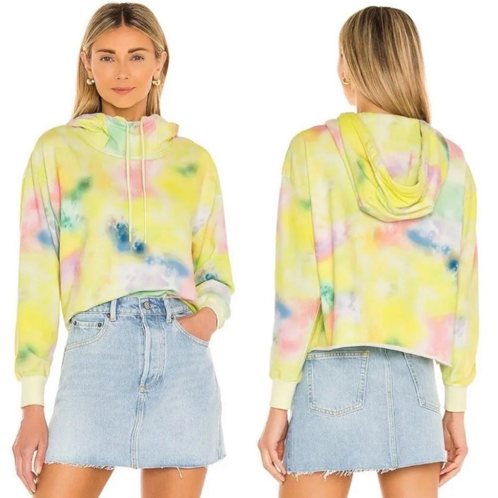 NEW Alice Olivia‎ Revolve Niki Tie Dye Cropped Hoodie Yellow Sweatshirt Small S